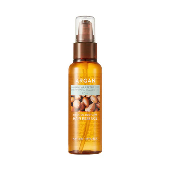 Nature Republic Argan Essential Deep Care Hair Essence – An intensive hair treatment enriched with highly concentrated argan oil, rosehip oil, and evening primrose oil to repair and nourish damaged hair.