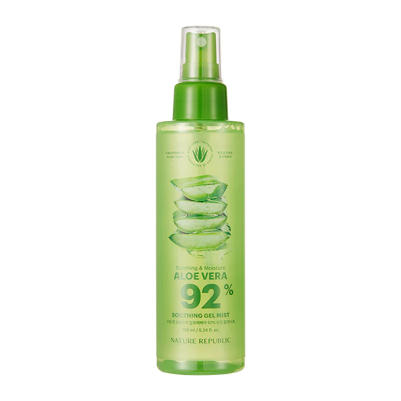 Nature Republic Soothing & Moisture 92 Aloe Vera Soothing Gel Mist in a 155 ml spray bottle with refreshing aloe vera extract highlighted on the packaging.