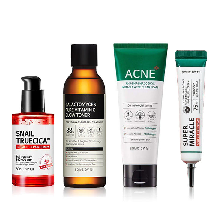 Some By Mi Acne & Whitening Superset – Complete skincare set with 4 full-size products for acne treatment, brightening, and acne scar repair.