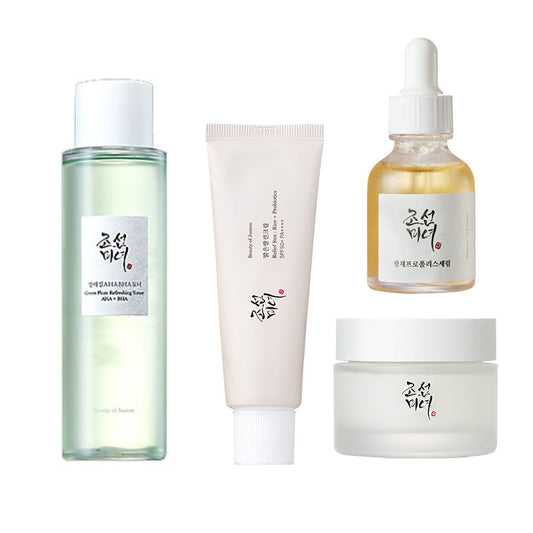 The Beauty of Joseon Daily Skincare Set, including Green Plum Refreshing Toner AHA+BHA, Glow Serum (Propolis + Niacinamide), Dynasty Cream, and Relief Sun (Rice + Probiotics SPF50+ PA++++), designed to cleanse, hydrate, protect, and brighten skin