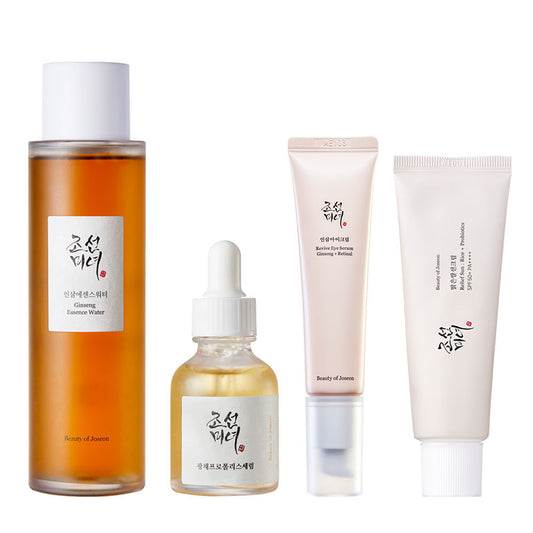 Beauty of Joseon Essential Set for Ageing and Whitening, featuring Ginseng Essence Water, Glow Serum, Revive Eye Serum, and Relief Sun SPF 50+, designed to brighten, hydrate, and protect the skin while addressing anti-aging concerns