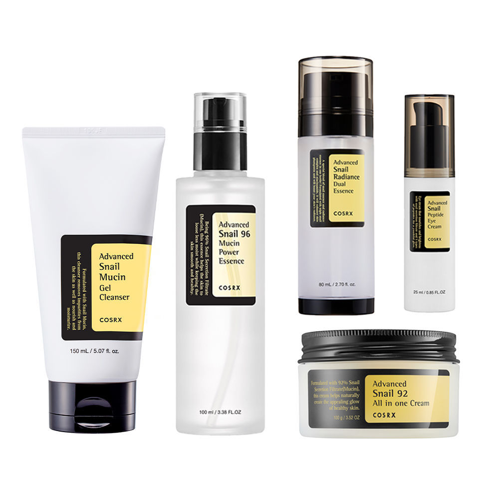 COSRX Snail All-In-One Set – Complete skincare routine with five products featuring snail mucin, including cleanser, essence, eye cream, all-in-one cream, and dual essence, for hydration, brightening, and anti-aging