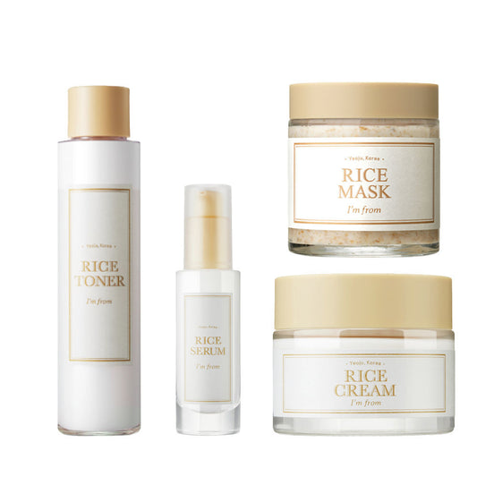 I'm From Daily Rice Set, a 4-step skincare routine with rice extract to hydrate, brighten, and improve skin elasticity for glowing, healthy skin