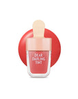Swatches of Etude House Dear Darling Water Gel Tint – 5 vibrant shades of lip color with a moisturizing, juicy finish OR205 Apricot Red