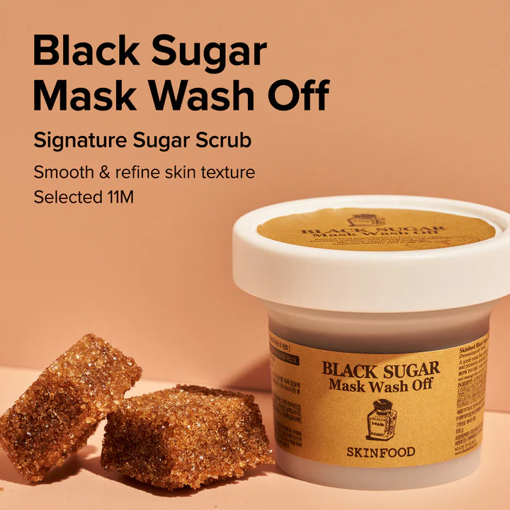 Skinfood Black Sugar Mask Wash Off – Jar containing exfoliating mask with nourishing ingredients to leave skin soft, clean, and glowing.