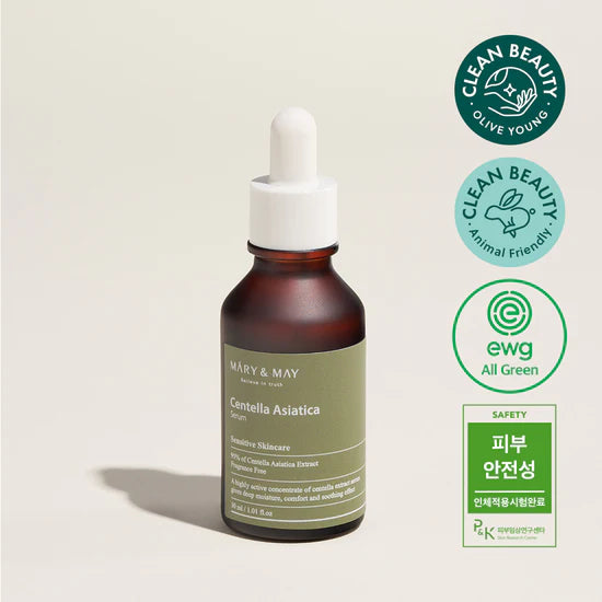 Mary & May Centella Asiatica Serum – A soothing serum with 95% Centella Asiatica Extract, designed to calm and hydrate sensitive, irritated skin while boosting elasticity and regeneration.