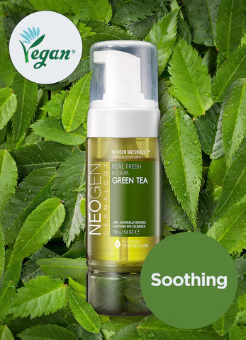 Neogen Dermalogy Real Fresh Foam Green Tea (160 ml), displayed with fresh green tea leaves and natural ingredients, highlighting its hydrating and soothing properties.