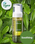 Neogen Dermalogy Real Fresh Foam Green Tea (160 ml), displayed with fresh green tea leaves and natural ingredients, highlighting its hydrating and soothing properties.
