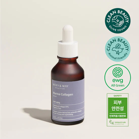Mary&May Marine Collagen Serum- Featuring the eco-friendly, cruelty-free label indicating no animal testing and safe ingredients.