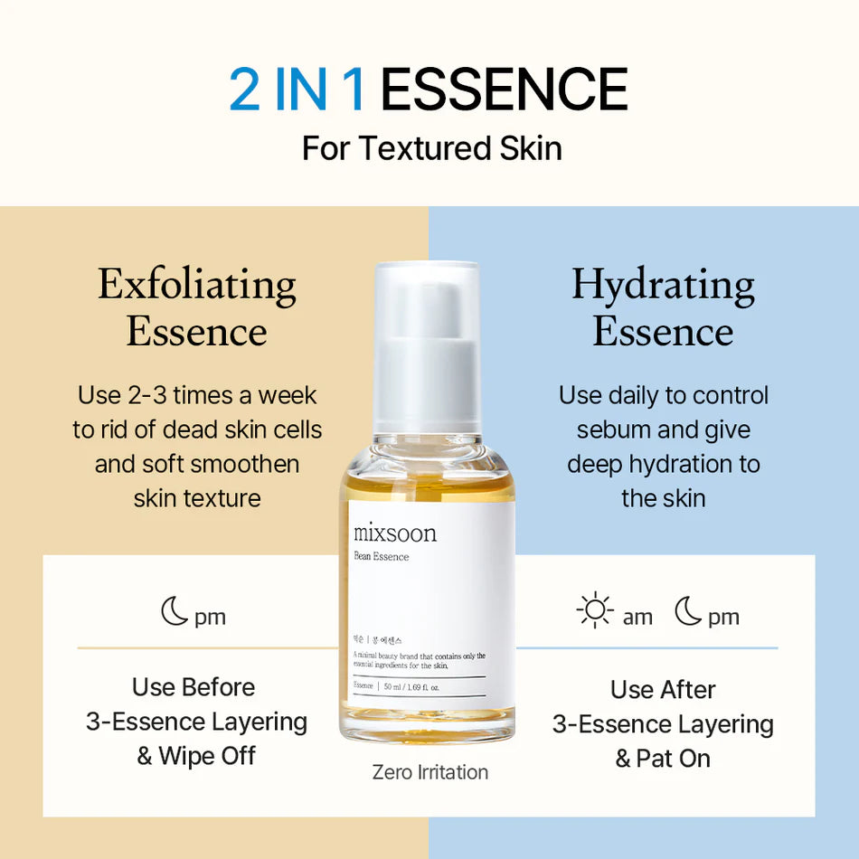 Mixsoon Bean Essence – A nourishing and hydrating essence with soybean extract, designed to rejuvenate and brighten the skin while improving texture.
