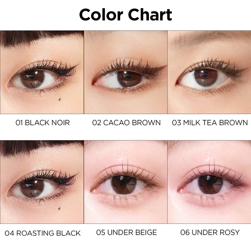 Swatches of 2 shades of the Peripera Ink Thin Thin Pencil Liner in Cacao Brown and Black Noir, showing the rich color payoff and smooth, easy glide of the eyeliner formula.
