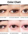 Swatches of 2 shades of the Peripera Ink Thin Thin Pencil Liner in Cacao Brown and Black Noir, showing the rich color payoff and smooth, easy glide of the eyeliner formula.