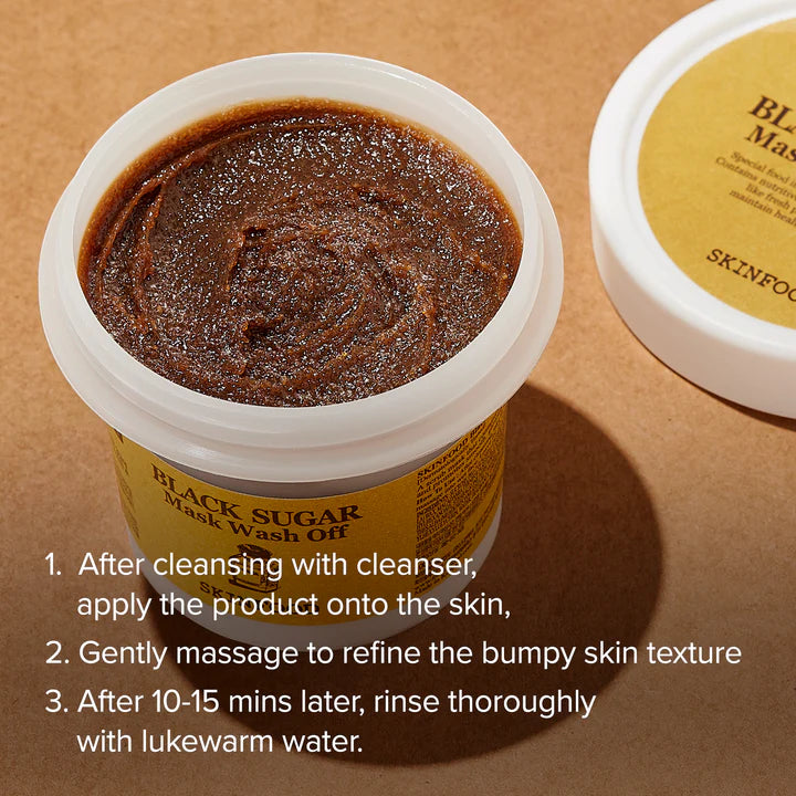 Close-up of Skinfood Black Sugar Mask Wash Off – Thick mask with coarse black sugar granules for gentle exfoliation and smooth skin.