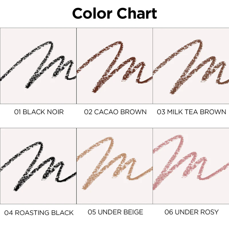 Swatches of 2 shades of the Peripera Ink Thin Thin Pencil Liner in Cacao Brown and Black Noir, showing the rich color payoff and smooth, easy glide of the eyeliner formula.