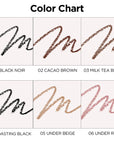 Swatches of 2 shades of the Peripera Ink Thin Thin Pencil Liner in Cacao Brown and Black Noir, showing the rich color payoff and smooth, easy glide of the eyeliner formula.