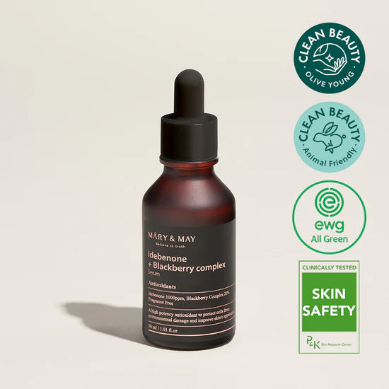 Mary & May Idebenone Blackberry Complex Serum – Featuring the eco-friendly, cruelty-free label indicating no animal testing and safe ingredients.