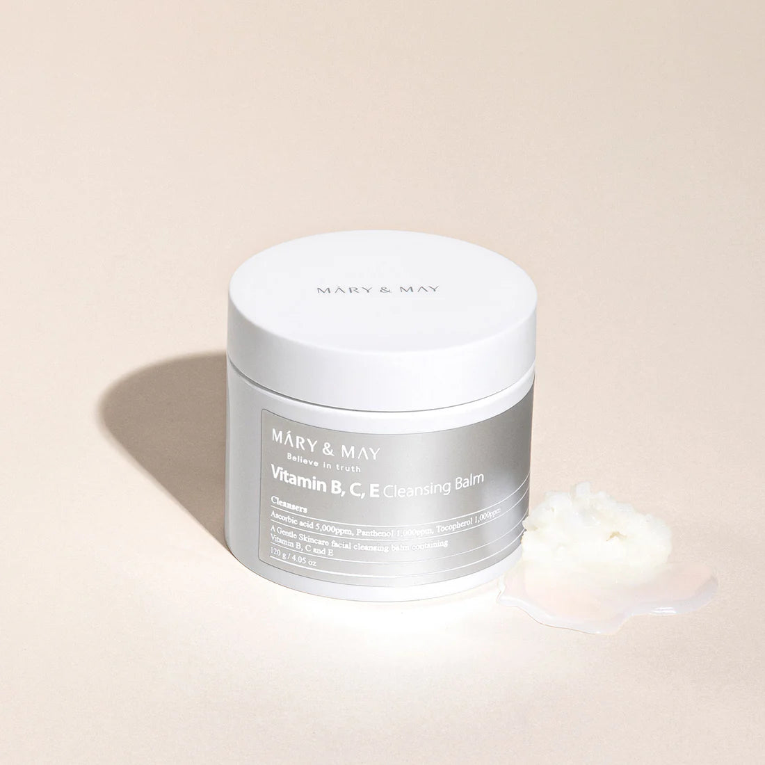 Mary & May Vitamin B C E Cleansing Balm – A 120g jar of soft, non-flowing cleansing balm enriched with Vitamins C, B, and E, designed to gently remove makeup, oil, and blackheads while brightening and hydrating the skin.