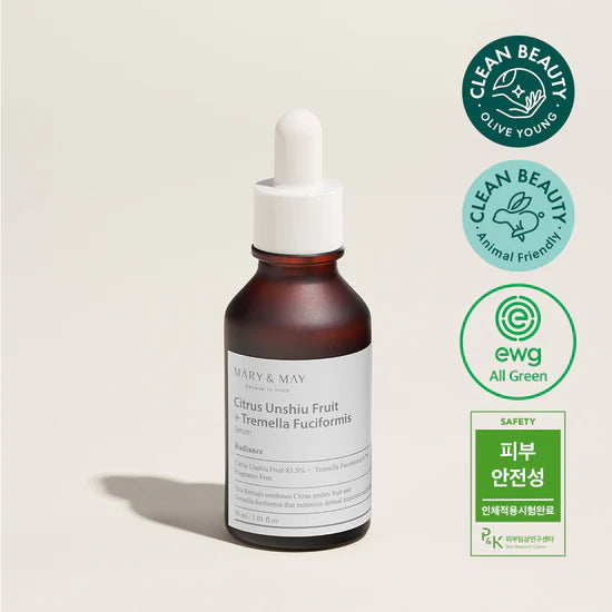 Mary & May Citrus Unshiu Fruit + Tremella Fuciformis Serum – A brightening and hydrating serum featuring 83.5% Citrus Unshiu Fruit Extract and 9.7% Tremella Fuciformis Extract for a glowing complexion.