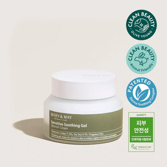 Mary&May Sensitive Soothing Gel Blemish Cream - Featuring the eco-friendly, cruelty-free label indicating no animal testing and safe ingredients.