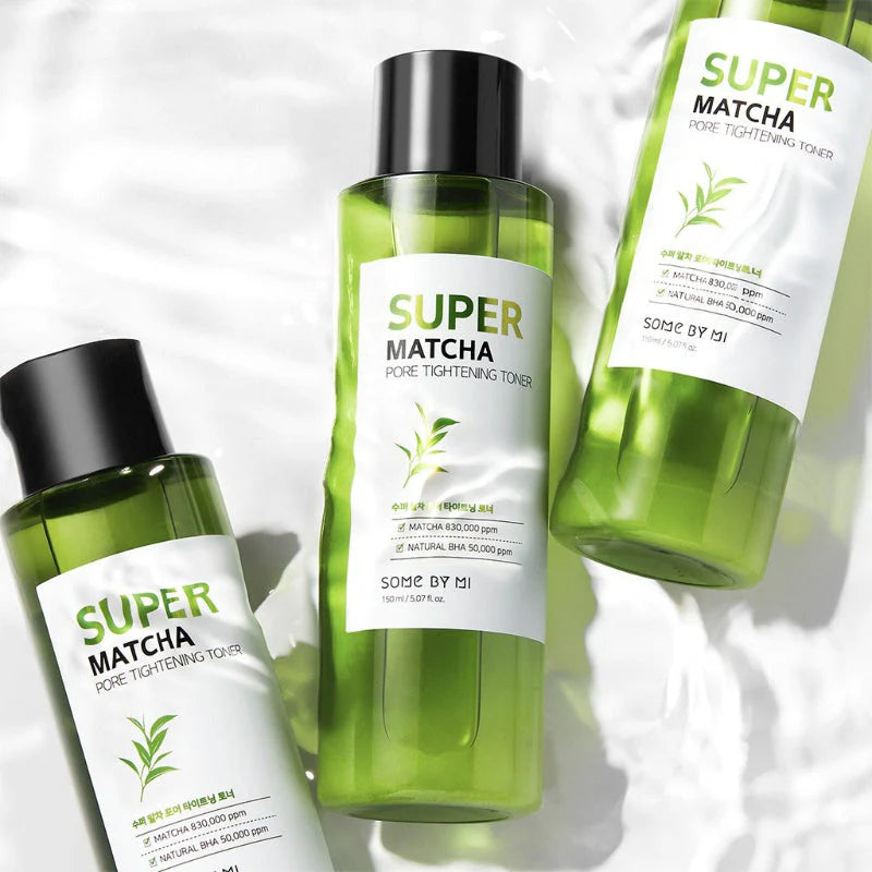 Some By Mi Super Matcha Pore Tightening Toner – A two-part toner with Matcha Water and soothing ingredients like Willow Bark, Tea Tree, and Centella to control oil, tighten pores, and calm skin.