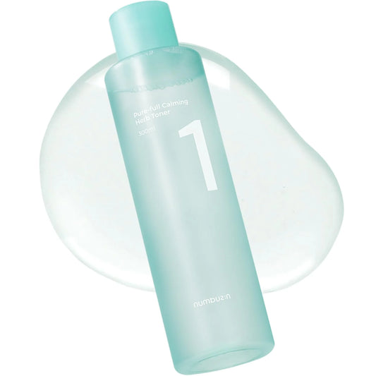 numbuzin toners Numbuzin No.1 Pure-Full Calming Herb Toner (300 ml) featuring a sleek, minimalistic bottle design with key calming herbs like Centella Asiatica, Houttuynia Cordata, and Licorice.