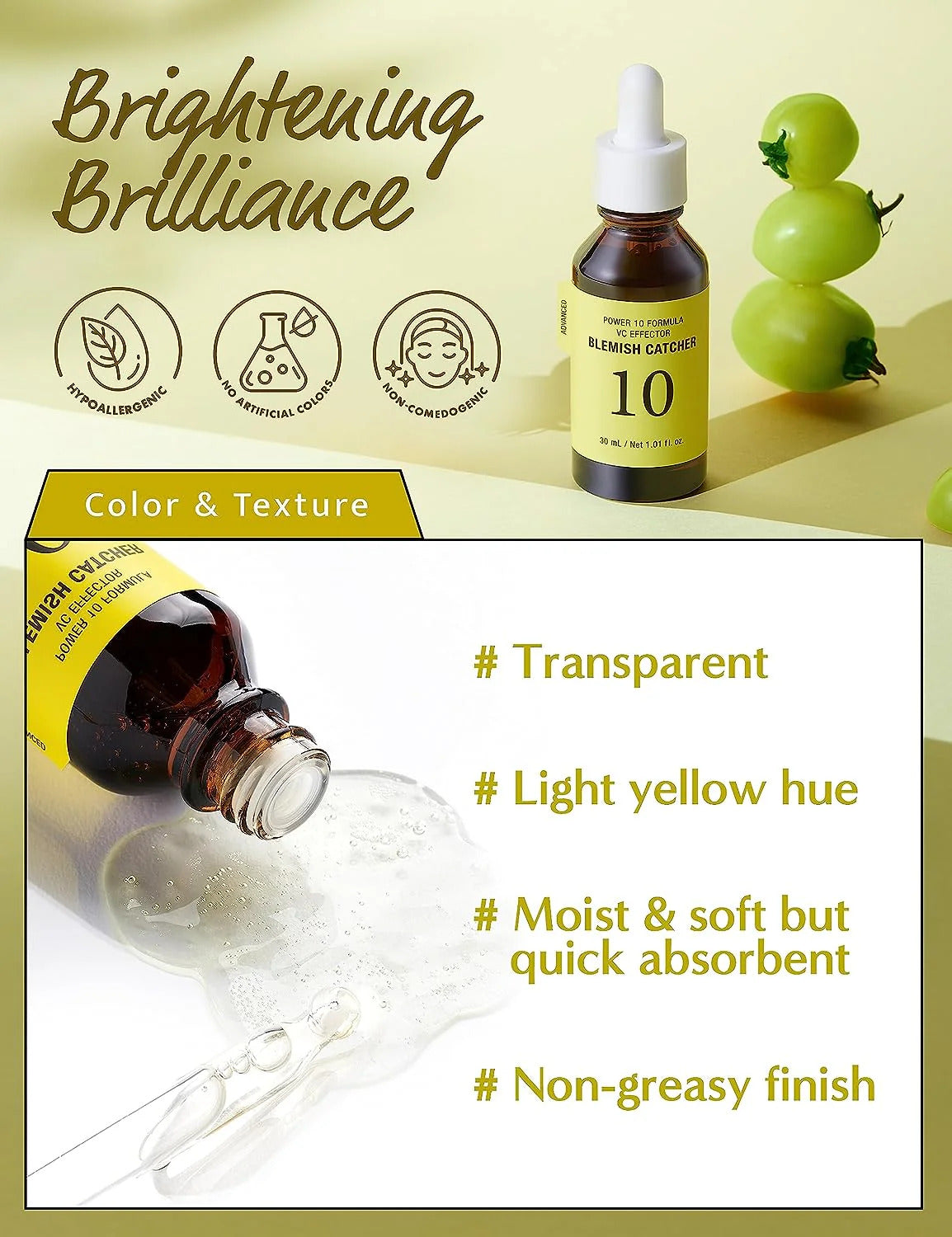 Key ingredients in It’s Skin Power 10 Formula VC Effector: Vitamin C for brightening and dark spot reduction, and Green Tea Extract for soothing and antioxidant protection