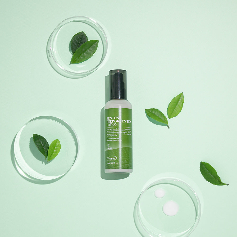 Key ingredients of Benton Deep Green Tea Lotion: green tea, Centella Asiatica, and sunflower seed oil. These plant-based ingredients hydrate, soothe, and strengthen the skin.
