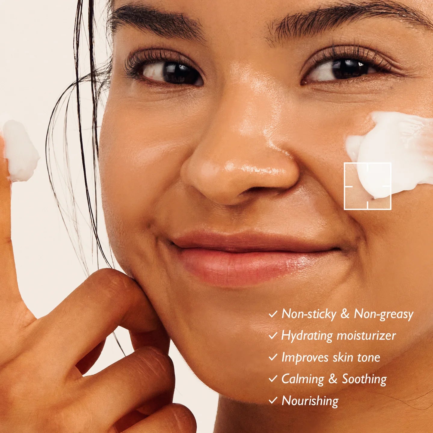 Haruharu Wonder Black Rice Hyaluronic Cream applied to skin, leaving a smooth, non-sticky finish