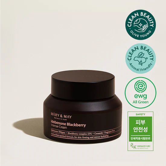 Mary & May Idebenone + Blackberry Complex Intensive Total Care Cream – Featuring the eco-friendly, cruelty-free label indicating no animal testing and safe ingredients.