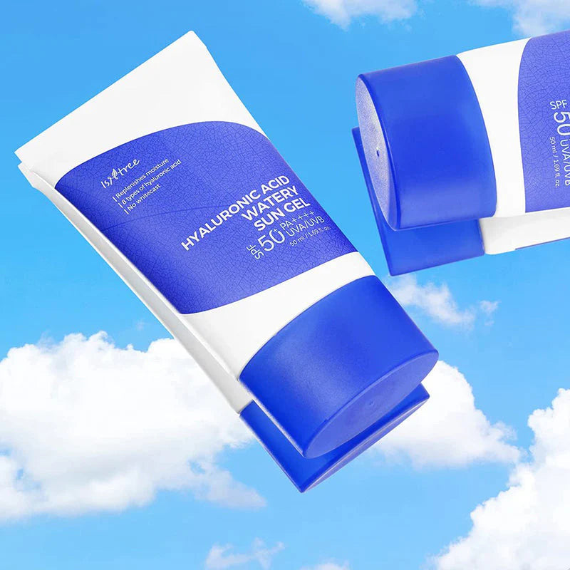 Isntree Hyaluronic Acid Watery Sun Gel – 50ml tube with light, non-greasy sunscreen gel, ideal for sensitive skin and daily sun protection