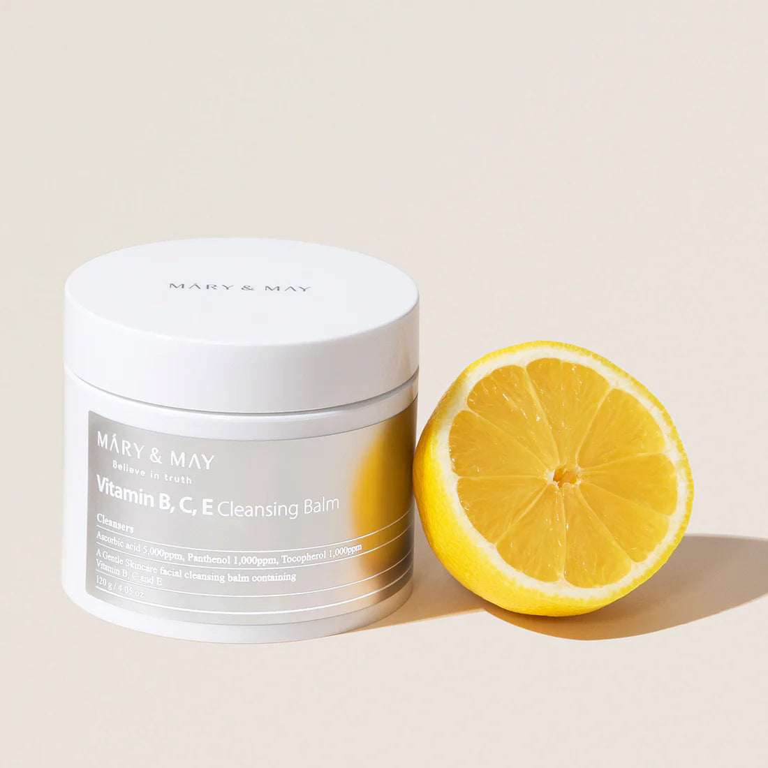 Mary & May Vitamin B C E Cleansing Balm – A 120g jar of soft, non-flowing cleansing balm enriched with Vitamins C, B, and E, designed to gently remove makeup, oil, and blackheads while brightening and hydrating the skin.