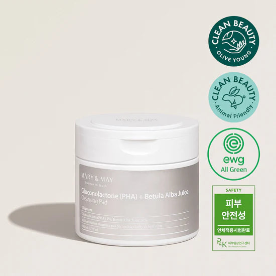 Mary & May Gluconolactone PHA + Betula Alba Juice Cleansing Pad – A pack of 70 exfoliating pads that gently cleanse and exfoliate, leaving the skin soft, refreshed, and glowing.