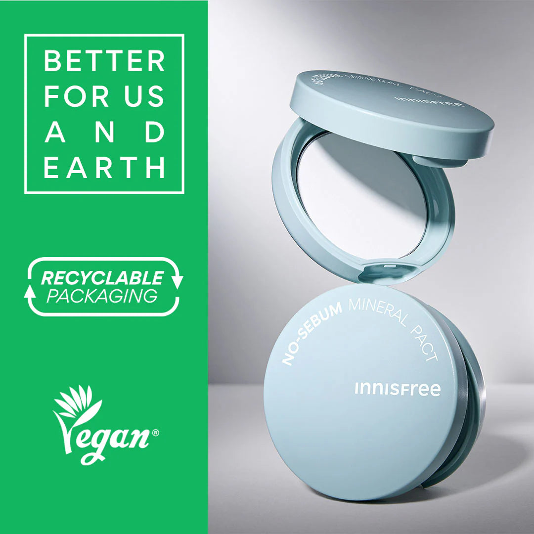 Innisfree No Sebum Mineral Pact packaging – 8.5g compact, vegan and free from parabens and mineral oil, ideal for setting makeup and controlling shine