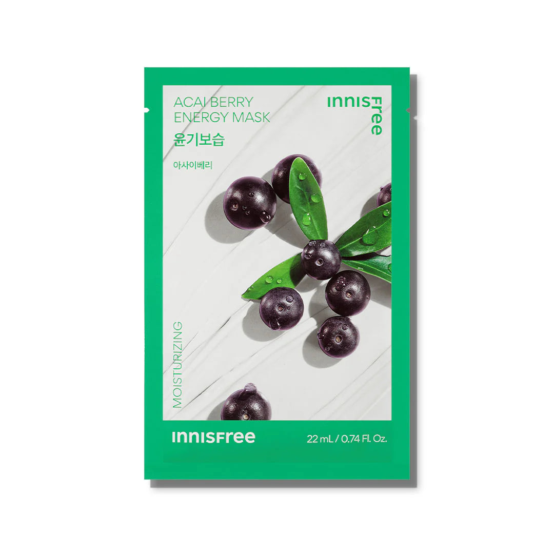 Innisfree Energy Mask – Eco-friendly sheet mask with plant-based ingredients like Kombucha, Aloe, Green Tea, and Pomegranate for hydration and skin glow acai berry