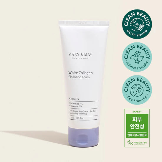 Mary&May White Collagen Cleansing Foam- Featuring the eco-friendly, cruelty-free label indicating no animal testing and safe ingredients.