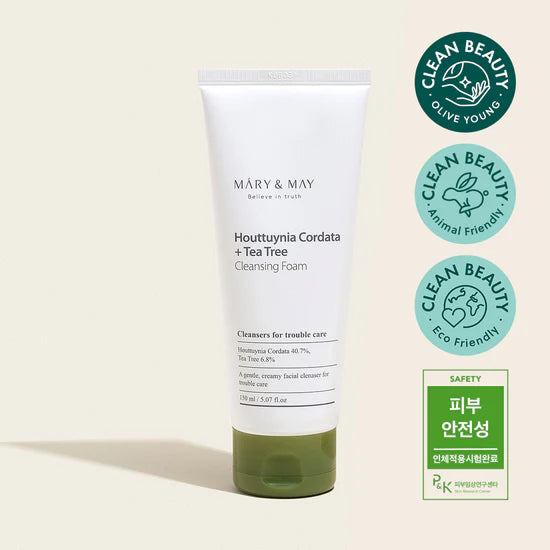 Mary & May Houttuynia Cordata Tea Tree Cleansing Foam – A 150ml bottle of creamy cleanser formulated with 40.7% Houttuynia Cordata and 6.8% Tea Tree Extract, designed to calm and cleanse troubled skin.