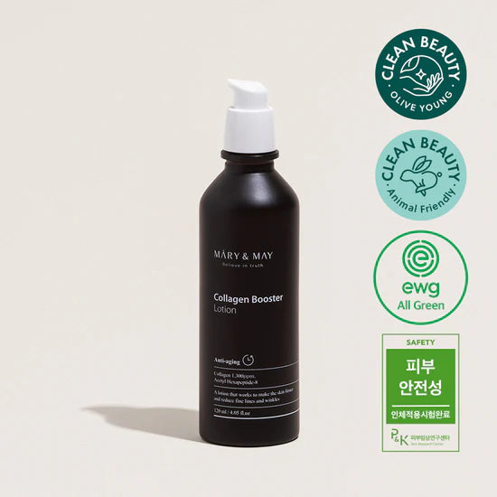Mary & May Collagen Booster Lotion – Lightweight, fast-absorbing lotion with low molecular collagen, Acetyl Hexapeptide-8, and plant-based lipids for improved skin firmness and elasticity.