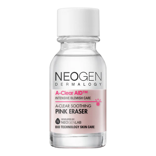 Neogen A Clear Soothing Pink Eraser bottle with visible pink sediment at the bottom, highlighting the soothing and acne-fighting properties of the treatment.