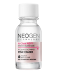 Neogen A Clear Soothing Pink Eraser bottle with visible pink sediment at the bottom, highlighting the soothing and acne-fighting properties of the treatment.
