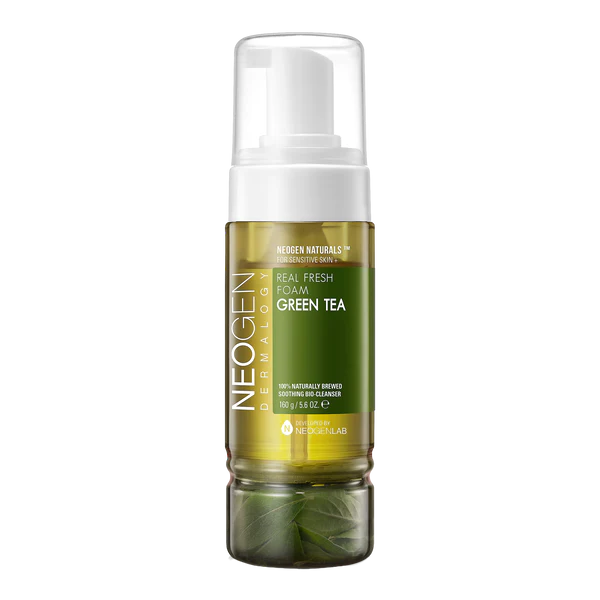 Neogen Dermalogy Real Fresh Foam Green Tea (160 ml), displayed with fresh green tea leaves and natural ingredients, highlighting its hydrating and soothing properties.