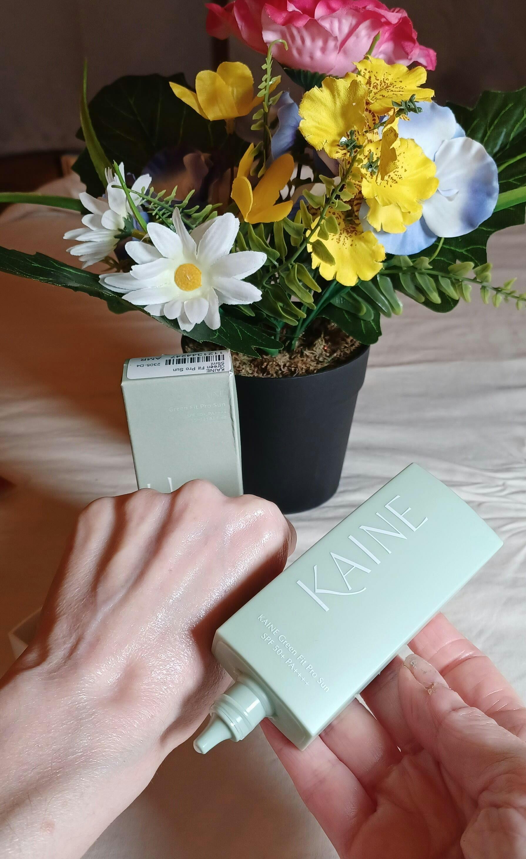 Lightweight, fast-absorbing texture of Kaine Green Fit Pro Sun SPF 50+ Sunscreen with no white residue
