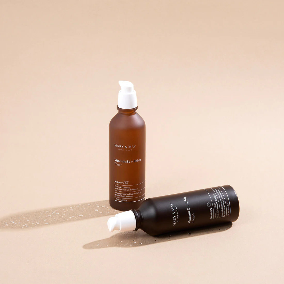 Mary & May Vitamin C + Bifida Lotion – A 120ml bottle of moisturizing lotion with 30,000ppm Bifida Ferment Lysate and 1,000ppm Vitamin C, designed to brighten, hydrate, and protect the skin.