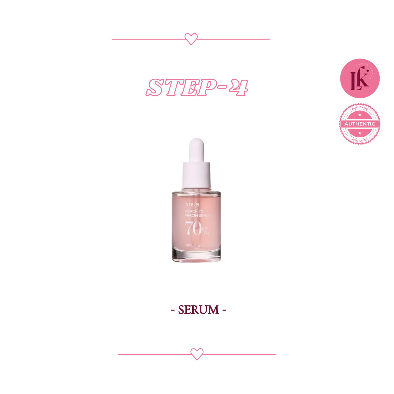 korean Skincare routine for dry skin 4th product Anua Peach 70 Niacin Serum - brightening serum with niacinamide and peach extract for hydration and glow