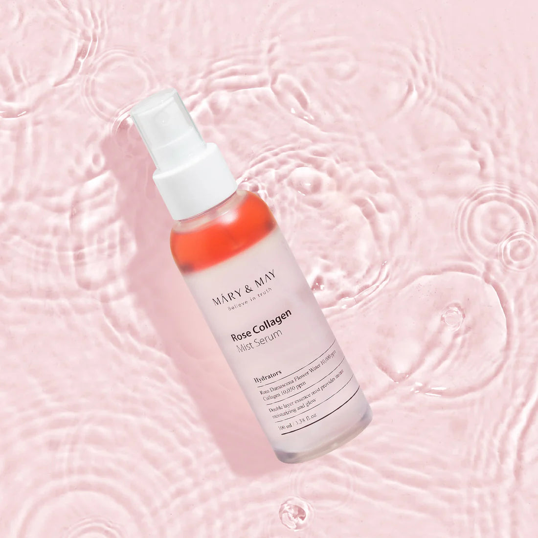 Mary & May Rose Collagen Mist Serum – A dual-layered mist in a 100ml bottle, featuring 10,000ppm Rosa Damascena Flower Water and Collagen, designed to hydrate and improve skin elasticity.