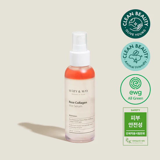 Mary&May Rose Collagen Mist Serum-Featuring the eco-friendly, cruelty-free label indicating no animal testing and safe ingredients.