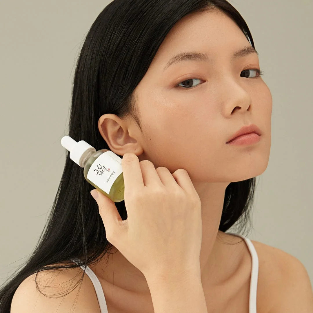 Close-up of Beauty of Joseon Calming Serum Green Tea + Panthenol showing its lightweight, hydrating texture, perfect for calming irritated skin and strengthening the moisture barrier