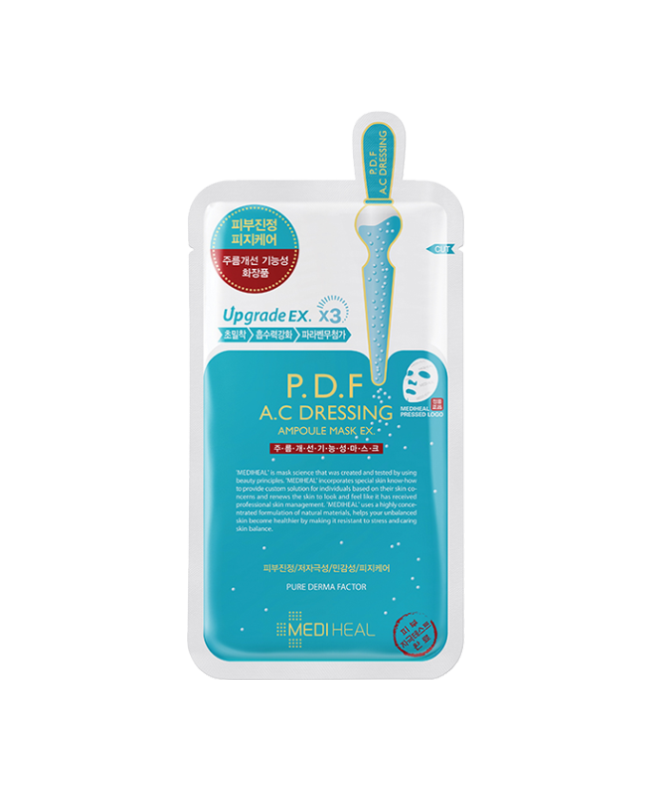 Mediheal P.D.F Ac Dressing Ampoule Mask EX – A soothing face mask for sensitive and oily skin, formulated with centella asiatica, trehalose, and allantoin to calm, hydrate, and reduce oil production.
