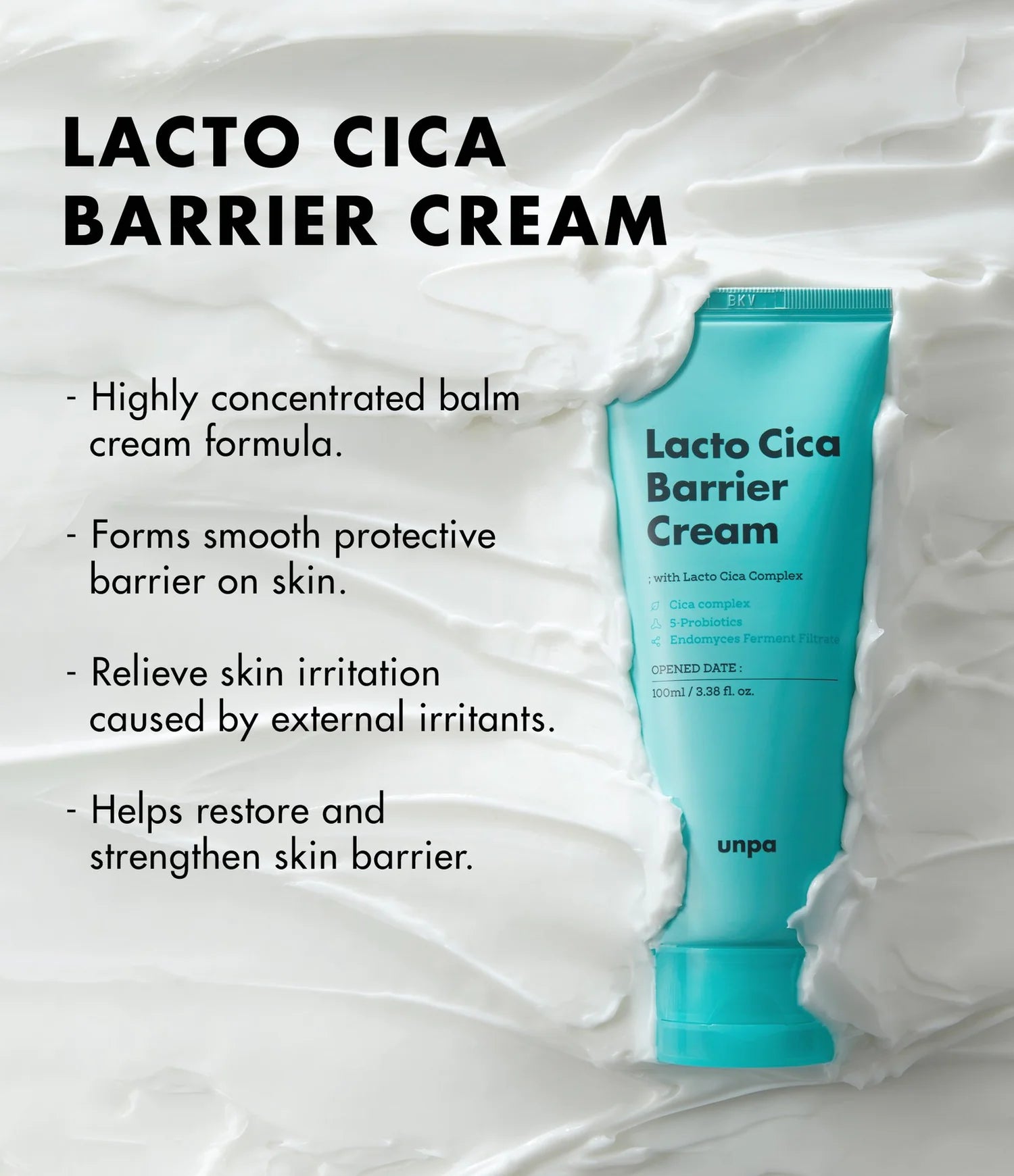 Unpa Lacto Cica Barrier Cream – Close-up showing the thick, balm-like texture of the cream being applied to skin, demonstrating how it absorbs quickly while providing hydration and barrier protection.