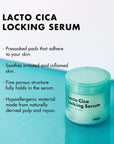 Unpa Lacto Cica Locking Serum Pads – A pack of serum-soaked pads designed to calm irritated skin, featuring Centella extracts, probiotics, and Tea Tree Oil for hydration and protection against redness.