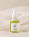 Beauty of Joseon Calming Serum Green Tea + Panthenol 30ml, a soothing serum with 50% Green Tea, 30% Mugwort, and 5% Panthenol designed to hydrate, calm sensitive skin, and protect against UV damage